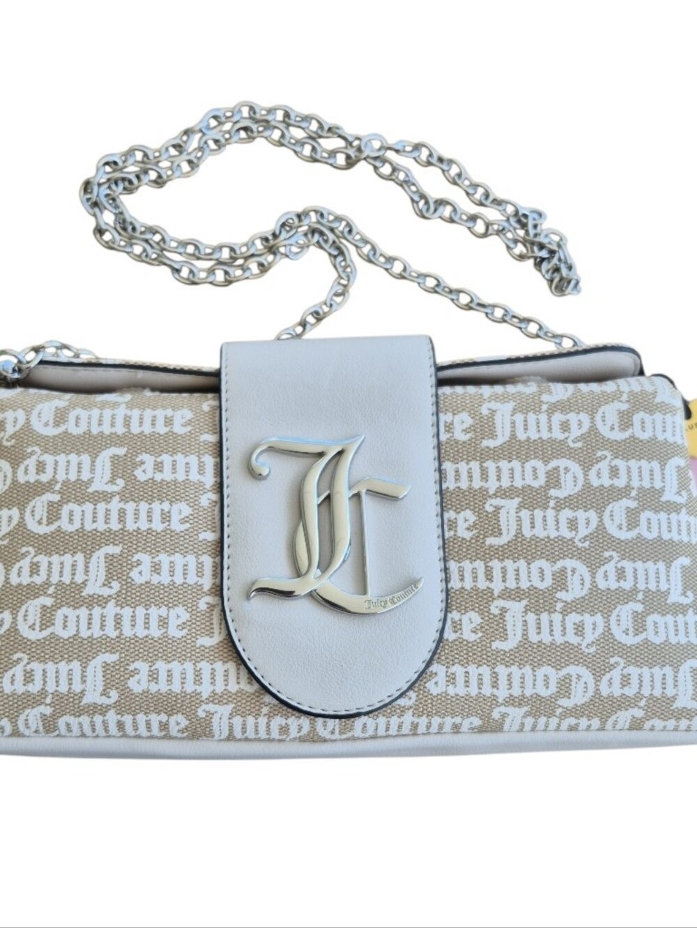 Juicy Couture Beige & White Logo Chain Shoulder Bag